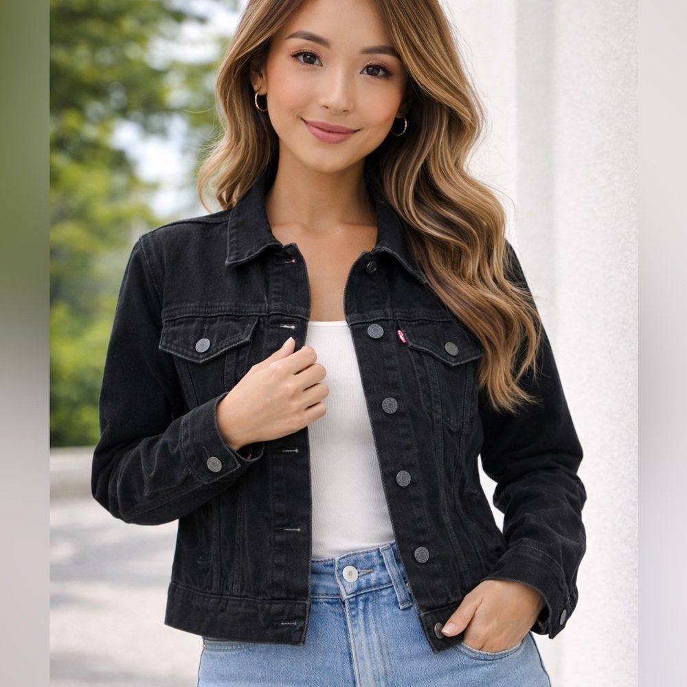 Levi’s Premium Black Denim Trucker Jacket XS Classic Button Jean Jacket